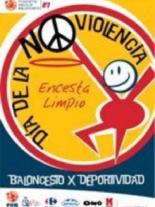 Cartel del Día de la No Violencia con símbolos de paz y baloncesto, promoviendo la deportividad y la no agresión.