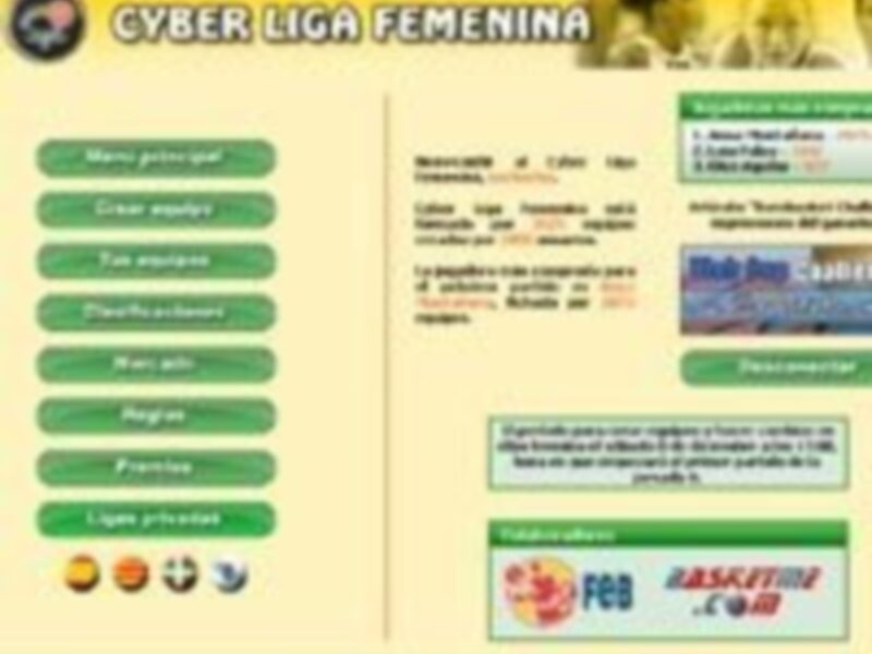 Página web de la Cyber Liga Femenina con opciones para jugar, descripciones y logos de patrocinadores.