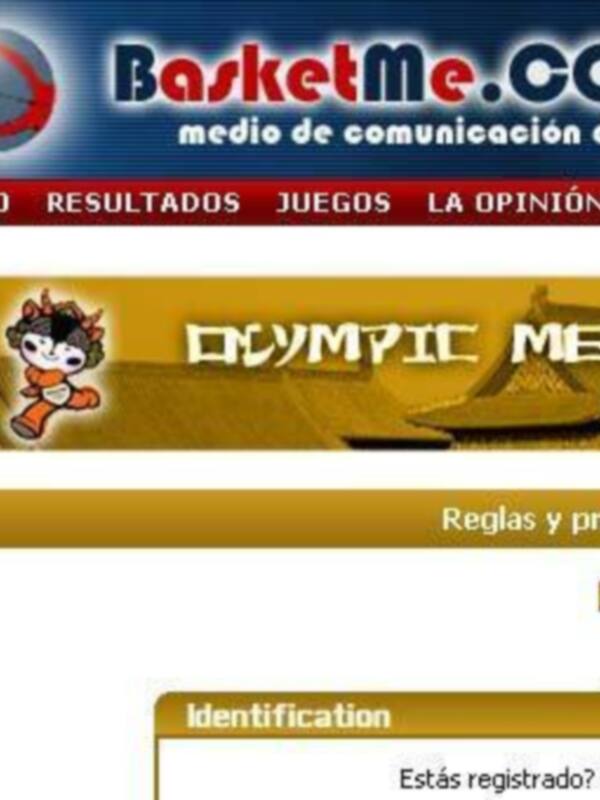 Página web de BasketMe.com con secciones como Inicio, Resultados, Juegos y Opinión, enfocada en baloncesto olímpico masculino.
