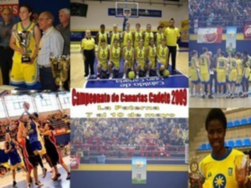 Equipo de baloncesto canario en diferentes posiciones, con un título que menciona el Campeonato de Canarias Cadete 2009 y la Federación.