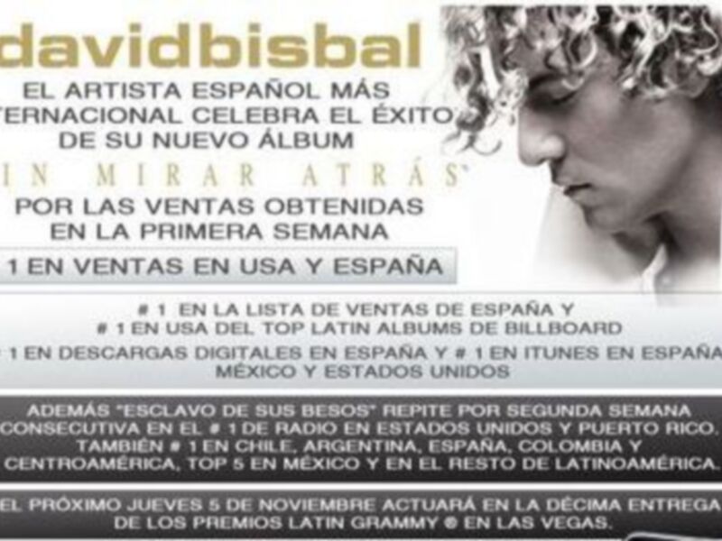 David Bisbal es N.º 1 en ventas en España y Estados Unidos con su nuevo álbum Sin Mirar Atrás"