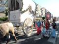 Una carroza blanca con ruedas grandes y flores en la parte superior, un animal de granja cerca, personas vestidas con trajes tradicionales flamenca en la calle.
