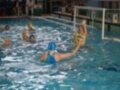Jugadores de waterpolo en acción, una jugadora sostiene un balón mientras otros nadan y juegan.