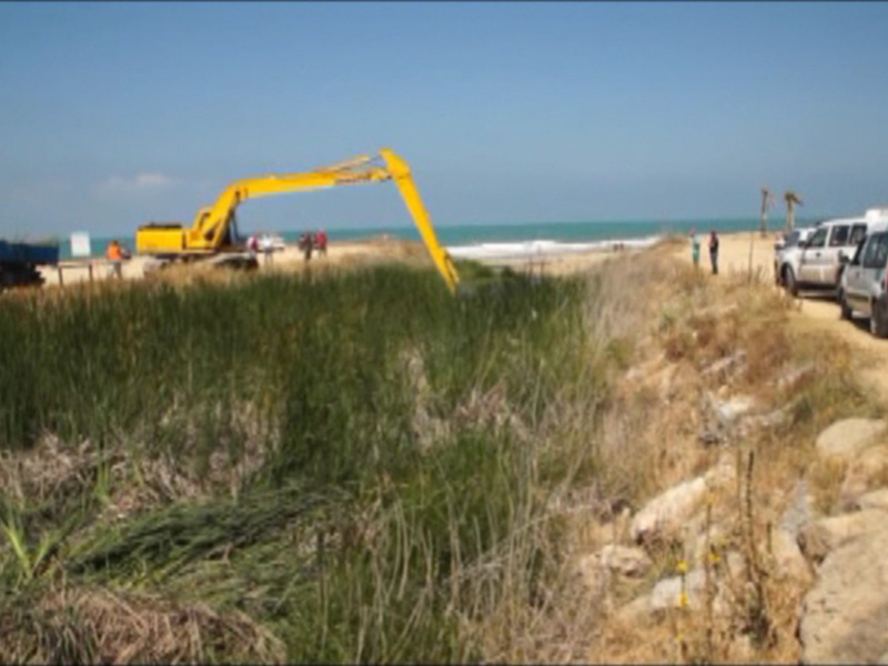 Excavadora amarilla trabajando en la orilla de una playa con vehículos y personas a la distancia.