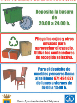 El Ayuntamiento vuelve a solicitar la colaboración ciudadana en el respeto de las normas de uso de contenedores de basura(Chipiona)