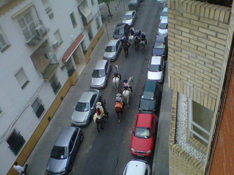 Carruaje de caballos y personas en una calle urbana con coches estacionados.