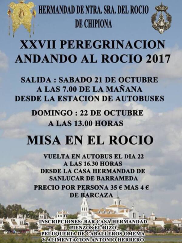 La Hermandad del Rocío de Chipiona peregrinará andando al Rocío el sábado 21 de octubre