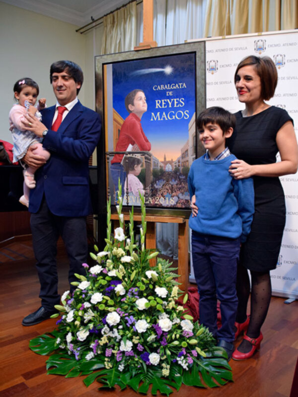 El cartel es una pintura realista que representa a dos niños en un balcón, esperando la llegada de la Cabalgata y en la calle se aprecia los beduinos