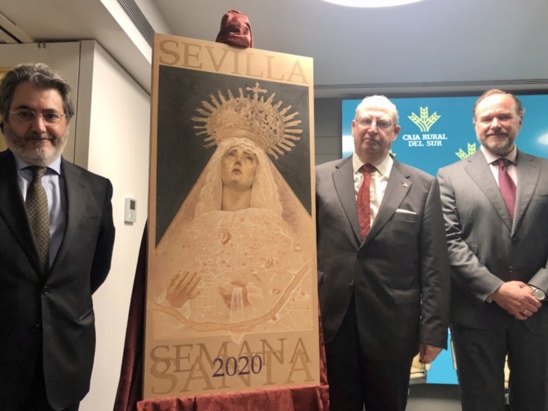 Presentación en Caja Rural del Sur del cartel de la Semana Santa de Sevilla 2020, obra de Daniel Bilbao