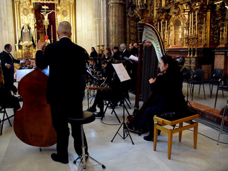 Orquesta tocando en un interior barroco con instrumentos clásicos y músicos en trajes formales.