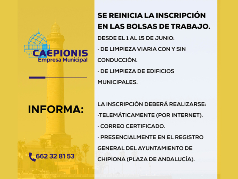  El lunes 15 acaba el plazo para la inscripción en la bolsa de trabajo de la Empresa Municipal Caepionis 