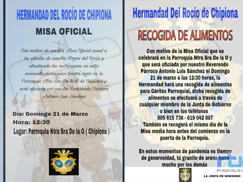  La Hermandad del Rocío de Chipiona lanza una recogida de alimentos para Cáritas coincidiendo con su misa anual de este domingo 