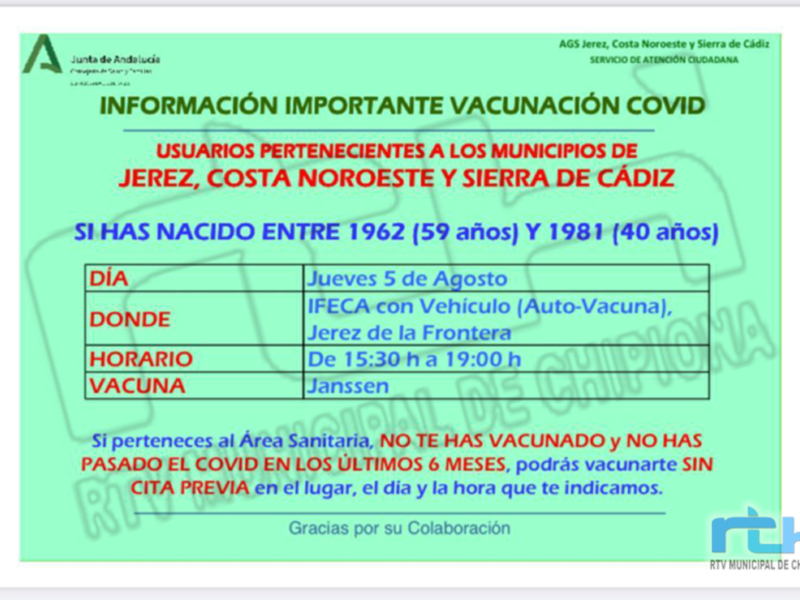 El jueves 5 de agosto pueden vacunarse en IFECA Jerez los nacidos entre  1962 y 1981 que no lo hayan hecho hasta ahora