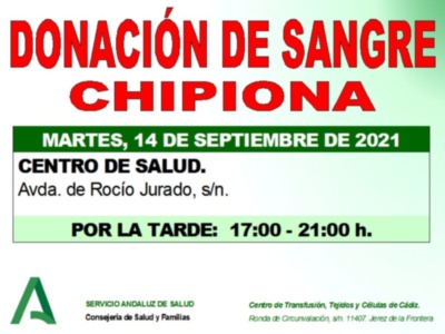 Convocan donación de sangre para el próximo martes 14 de septiembre de 17 a 21 horas en el Centro de Salud Tolosa Latour de Chipiona