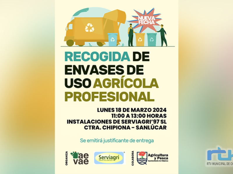 Recogida de envases agrícolas profesionales. Lunes 18 de marzo, 11:00 a 13:00 horas. Instalaciones de Serviagri'97 SL, Ctra. Chipiona - Sanlúcar. Se emite justificante de entrega.