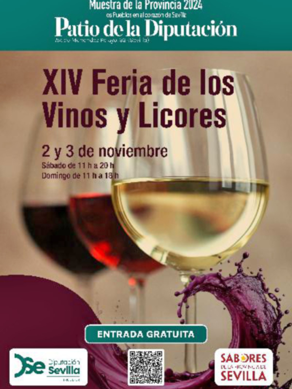 Cartel de la XIV Feria de los Vinos y Licores en Sevilla, 2 y 3 de noviembre, entrada gratuita.