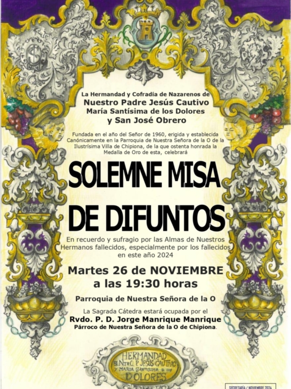 La Hermandad del Cautivo celebrará Misa de Difuntos  el próximo martes 26 a las 19.30 h. en la Parroquia Nuestra Señora de la O