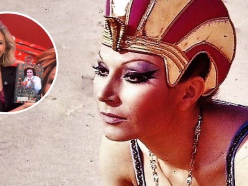 Una mujer vestida como Cleopatra con maquillaje y tocado, junto a una imagen de la misma mujer en su trabajo como presentadora.