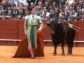 Un torero en el centro de la plaza de toros, con un toro en el fondo, en un ambiente festivo y tradicional de la tauromaquia.