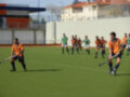 Jóvenes jugando hockey en un campo de césped verde, con equipos en color naranja y verde.