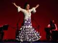 Una bailarina de flamenco en un vestido blanco con lunares azules, realizando una pose dramática. En el fondo, un músico toca batería y otro instrumento. La escena está iluminada con un fondo rojo oscuro, enfocando la atención en el coreografo.