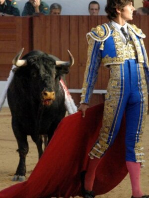 Un torero en traje tradicional sostiene una muleta roja, mientras un toro negro con cuernos se prepara para la matanza. La escena se desarrolla en un terreno de arena, con espectadores observando desde la grada.