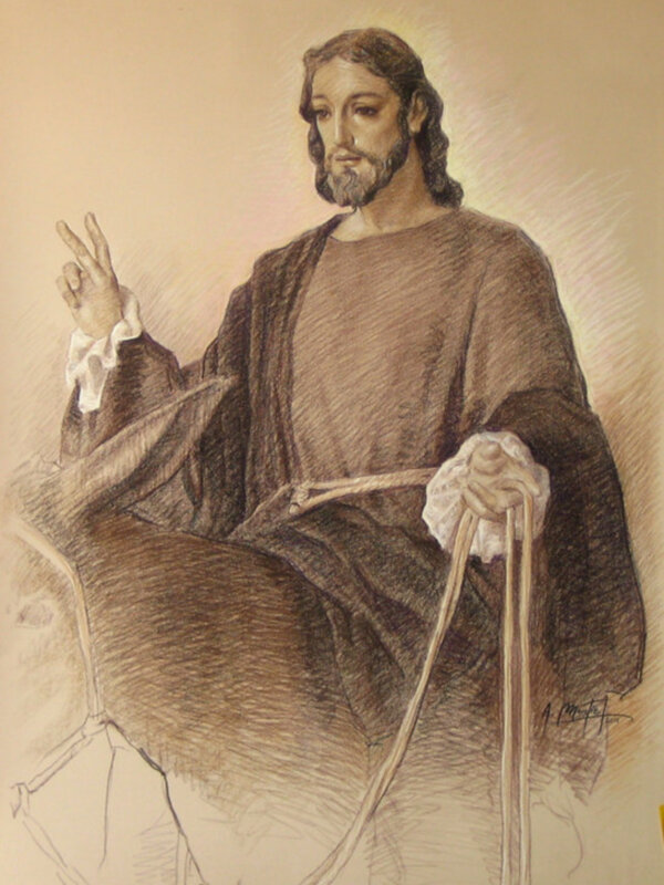 Dibujo de Jesús montando un burro, con una expresión serena y gesto de bendición.