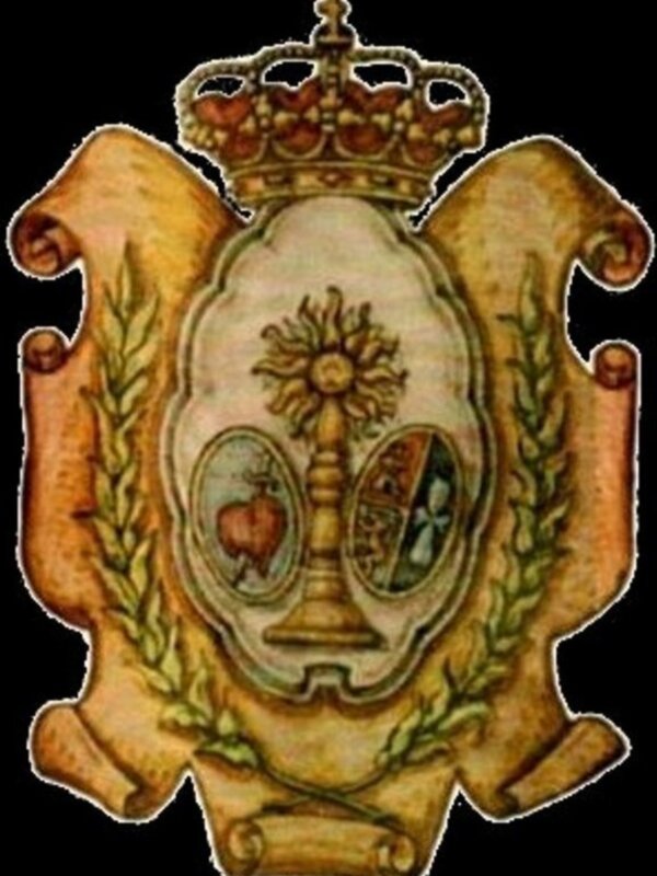 Escudo heráldico con un sol en el centro, rodeado por hojas de laurel y una corona real.