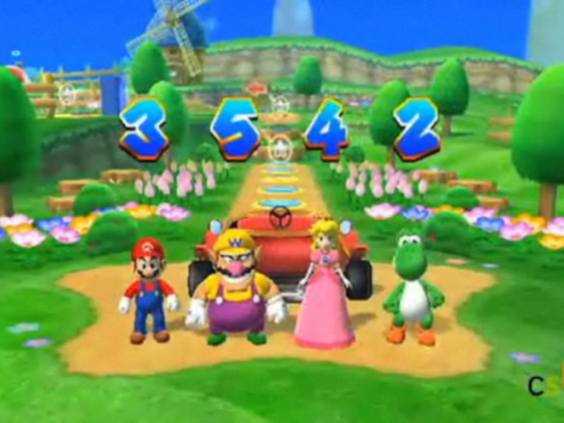 Super Mario Bros. 2: Mario, Wario, Princess Peach, and Yoshi standing together in a colorful, vibrant environment.
