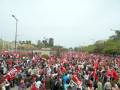 Una multitud en un parque, con banderas rojas y carteles.