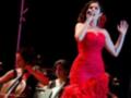 Una cantante en un vestido rojo brillante se encuentra en el centro de la imagen, sosteniendo un micrófono y cantando. A su izquierda, una persona toca el violín mientras otra observa desde atrás. El escenario está iluminado con luces de escenario, y el fondo es oscuro.