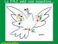 Dibujo de una paloma con alas abiertas, coloridas plumas y flores en el pecho. Texto: "La PAZ esté con nosotros..." Archivo: DonaldPress