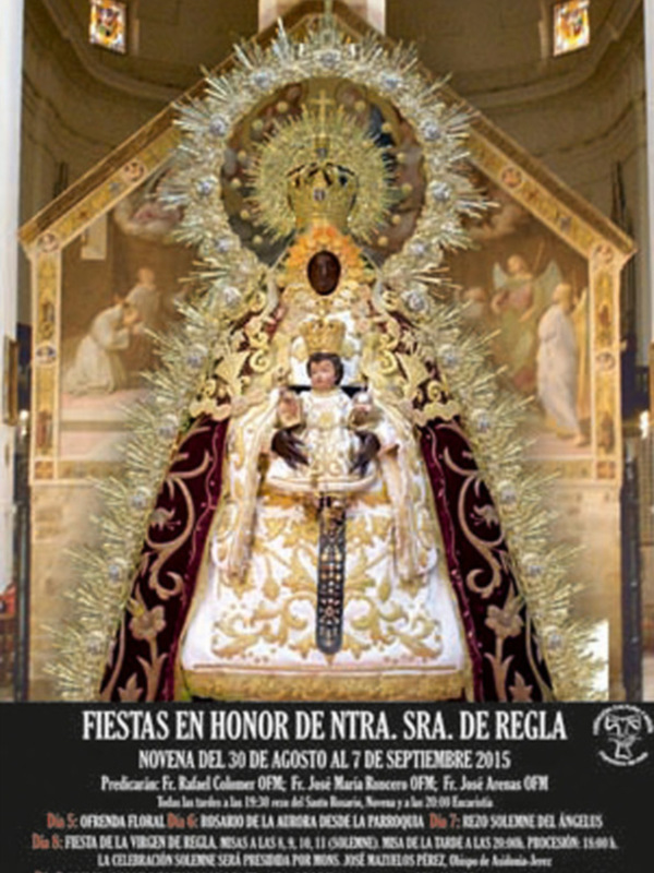 Imagen de la Virgen de Regla en una iglesia, con detalles de su vestimenta y la descripción de las fiestas en su honor.