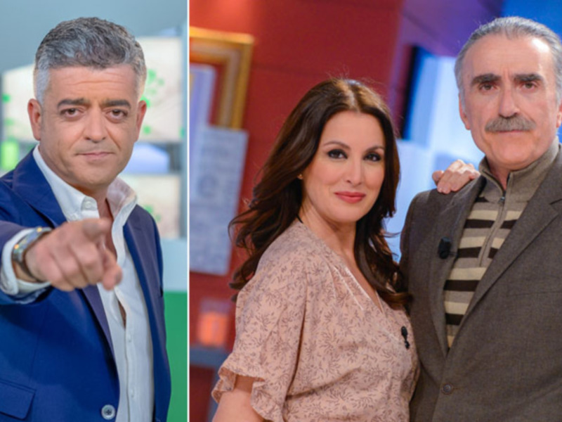 Personaje masculino apuntando y pareja de presentadores en estudio de televisión.