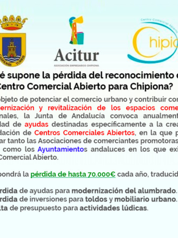 Ciudadanos Chipiona lamenta la pérdida del reconocimiento de Centro Comercial Abierto en la localidad