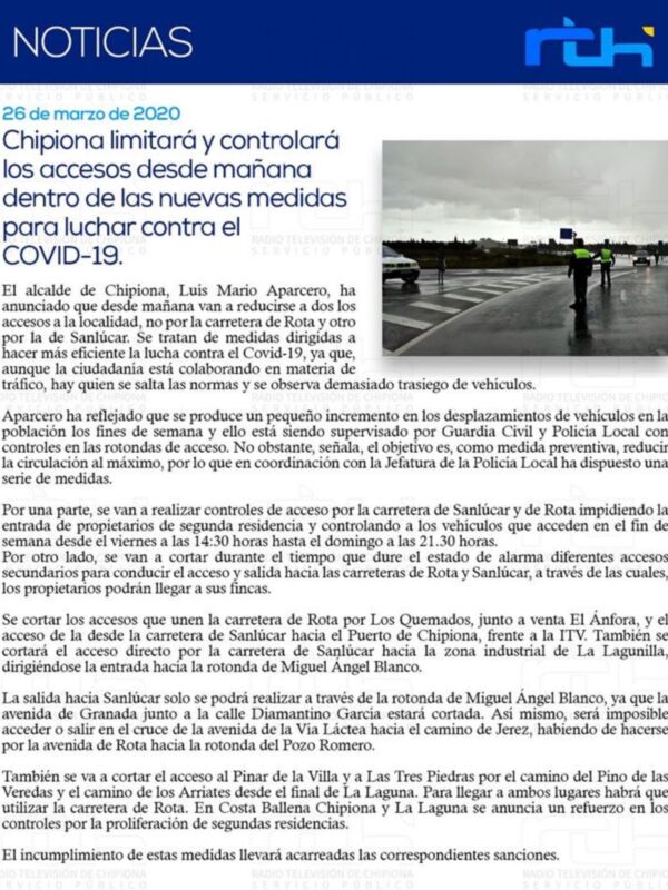 Chipiona limitará y controlará los accesos desde mañana dentro de las nuevas medidas para luchar contra el COVID-19