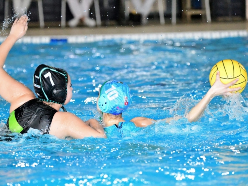 Dos nadadores en un campo de natación, uno con el número 7 y otro con una gorra azul, luchan por un balón amarillo en el agua.
