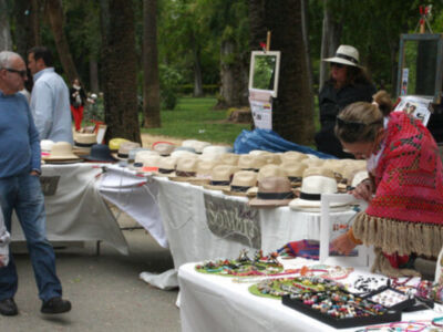 En un parque, una persona con sombrero de paja revisa joyas en una mesa. Detrás, otros visitantes observan diversos artículos de venta como sombreros y joyas. La escena está rodeada por árboles y una carpa de vendedores.