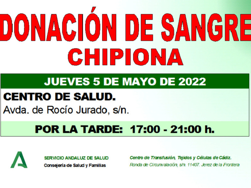 Llamamiento a una donación colectiva de sangre en Chipiona el jueves 5 de mayo
