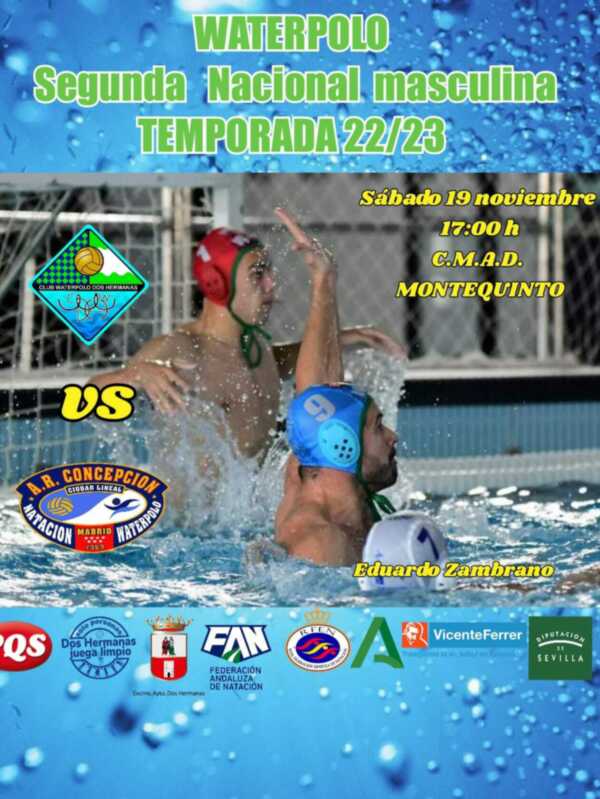 Aquí tienes un ejemplo de pie de foto descriptivo para la imagen proporcionada: "Waterpolo Nacional. Segunda Temporada 2022-23. C.M.A.D. vs A.R. Concepción. Sábado 19 noviembre, 17:00 h. Montequinto. Eduardo Zambrano."