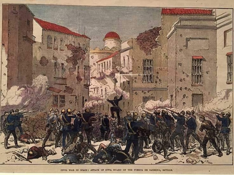Batalla de la Guardia Civil en Cádiz durante la Guerra Civil Española. Imagen coloreada de estilo litográfico que muestra a soldados y civiles en una calle con edificios dañados por explosiones.