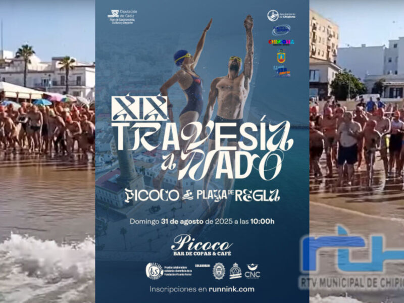 Promoción de la Travesía a Nado en Picoco, organizada por el Ayuntamiento de Chipiona. Evento el 31 de agosto de 2025, a las 10:00 horas. Inscripciones disponibles en runnink.com.