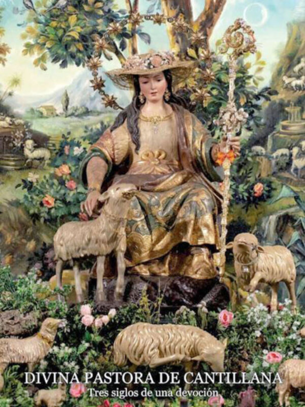 Una escultura de la Divina Pastora, una figura religiosa popular en España. La estatua está sentada con un cordero a su lado, rodeada de flores y árboles. La descripción incluye detalles sobre la devoción a esta figura y su antigüedad, que se remonta a tres siglos.