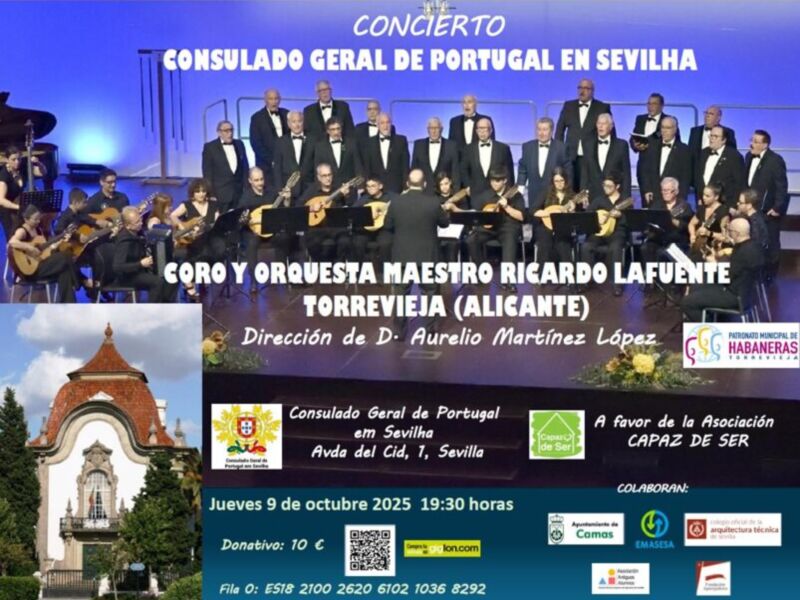 Concierto del Coro y Orquesta Maestro Ricardo Lafuente en el Consulado Geral de Portugal en Sevilla. Dirigido por Aurelio Martínez López, el evento se llevará a cabo en Torrevieja (Alicante) el jueves 9 de octubre de 2025 a las 19:30 horas. Donativo: 10 €, con colaboración de asociaciones locales.